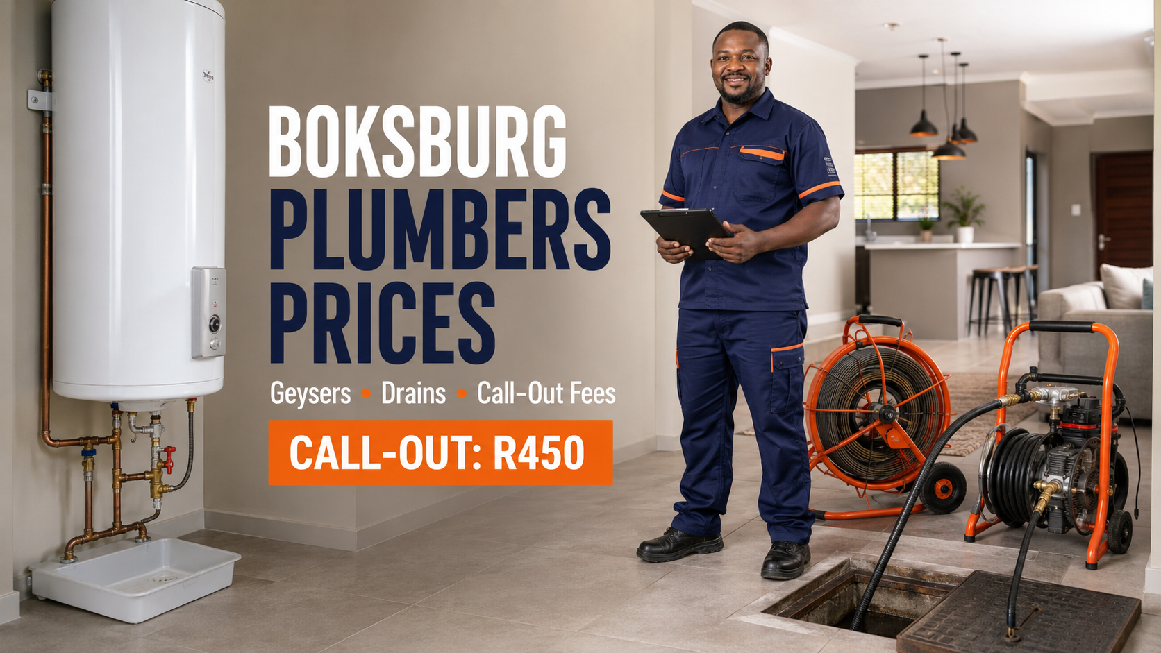 Boksburg plumber with geyser and drain-cleaning equipment – call-out fee R450