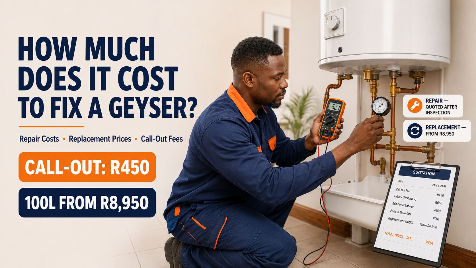 Boksburg plumber inspecting an electric geyser for repair or replacement costs