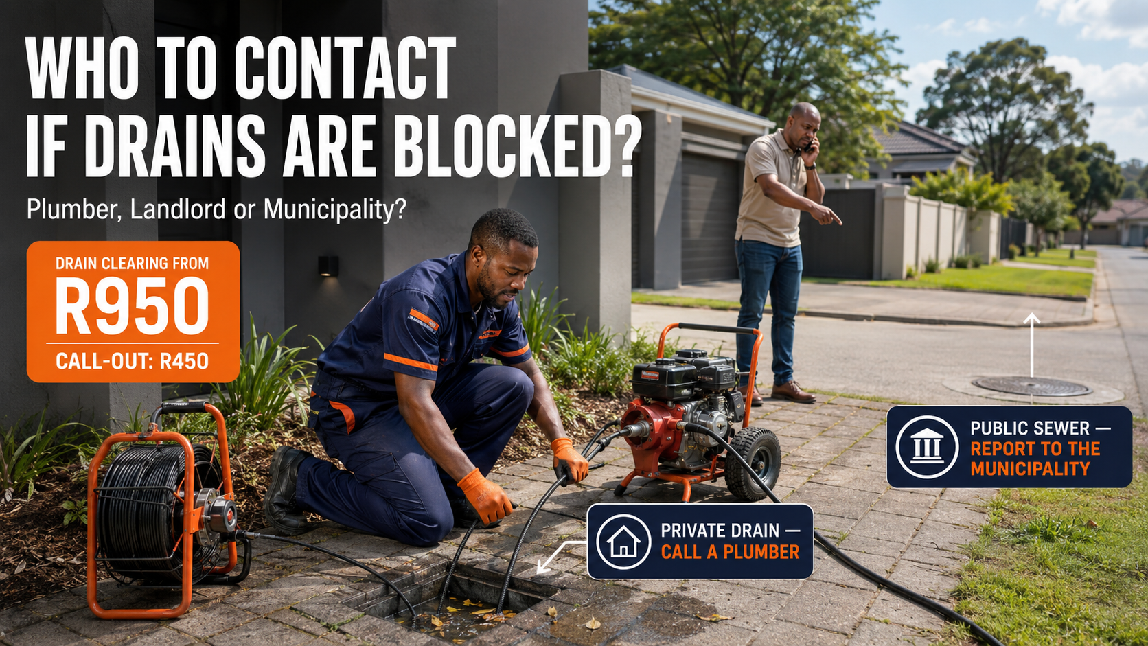 Drain plumber clearing a private blocked drain in Boksburg with municipal sewer reporting guidance